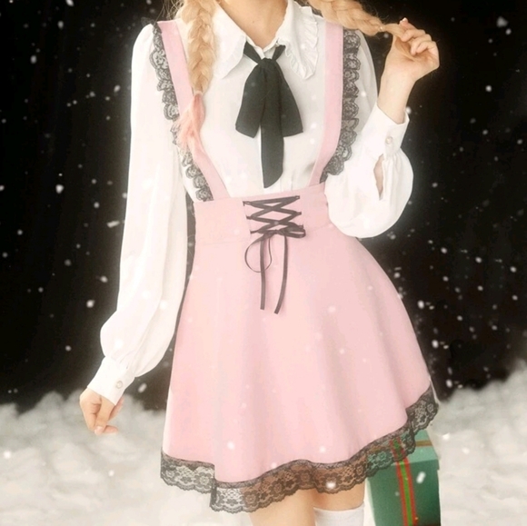 Dresses & Skirts - Lace-Up Contrast Suspender Skirt - Size Medium - Kawaii Style